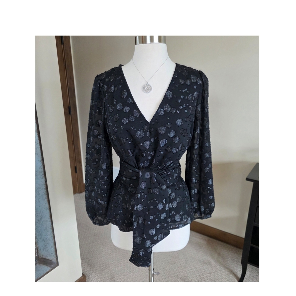 J. Crew Tie-waist V-neck Blouse in Black Metallic Dot Jacquard